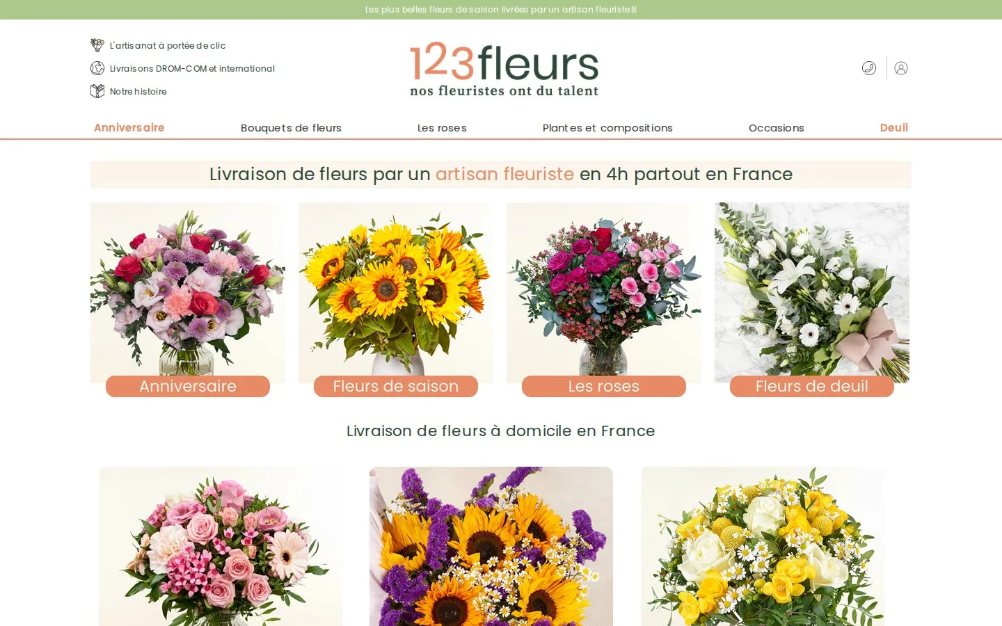 Page d'accueil du site 123fleurs, livraison de fleurs par un artisan fleuriste