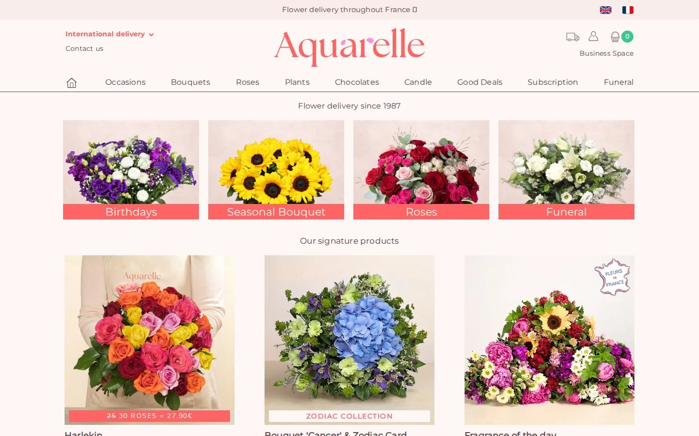 Page d'accueil du site Aquarelle, catalogue de bouquets et fleurs par occasion