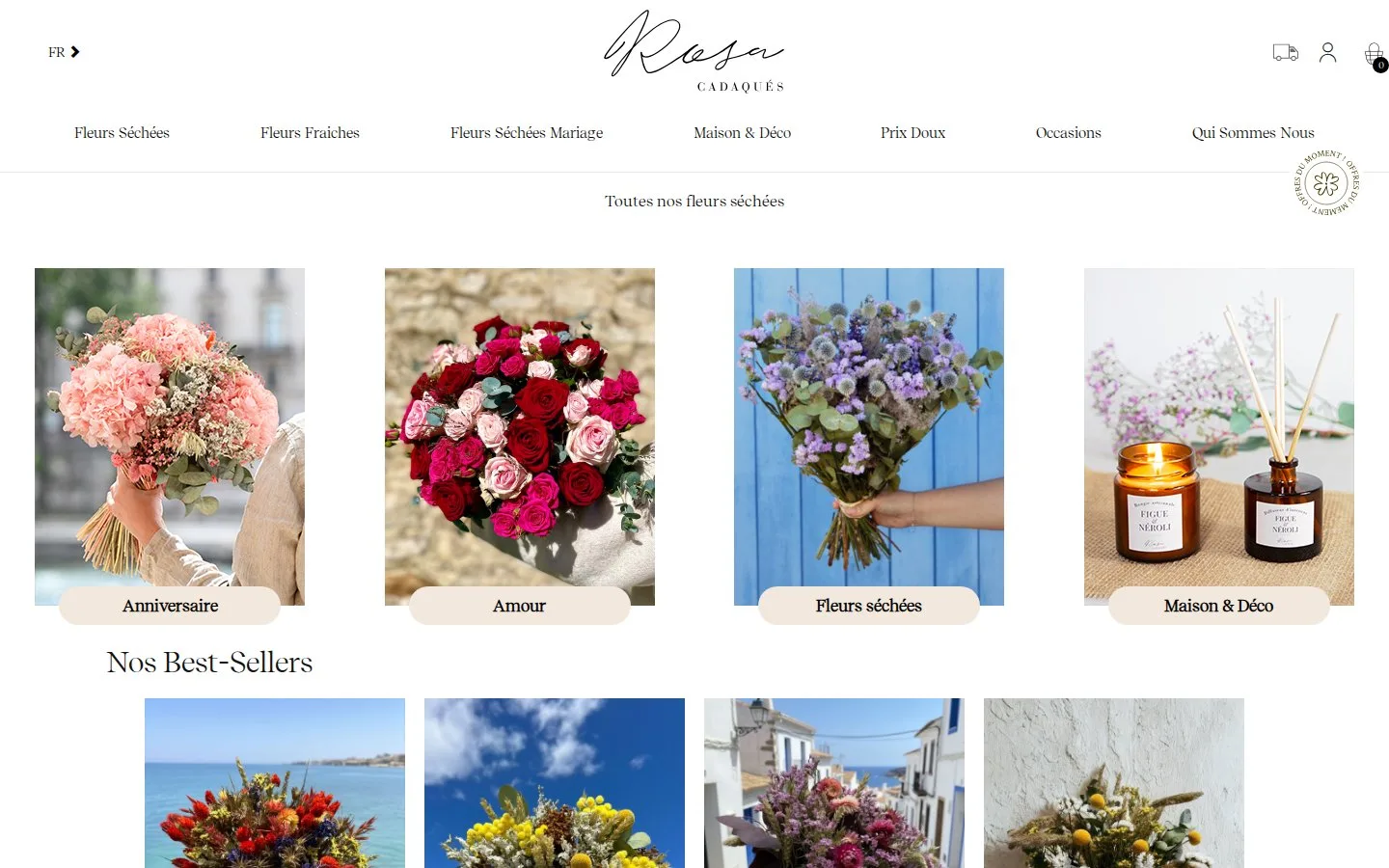 Page d'accueil du site Rosa Cadaqués, fleurs séchées et objets déco