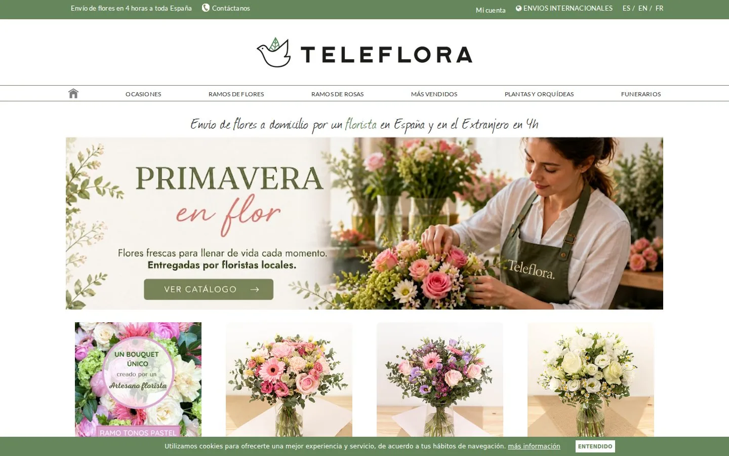 Page d'accueil du site Teleflora España, livraison de fleurs par un fleuriste local